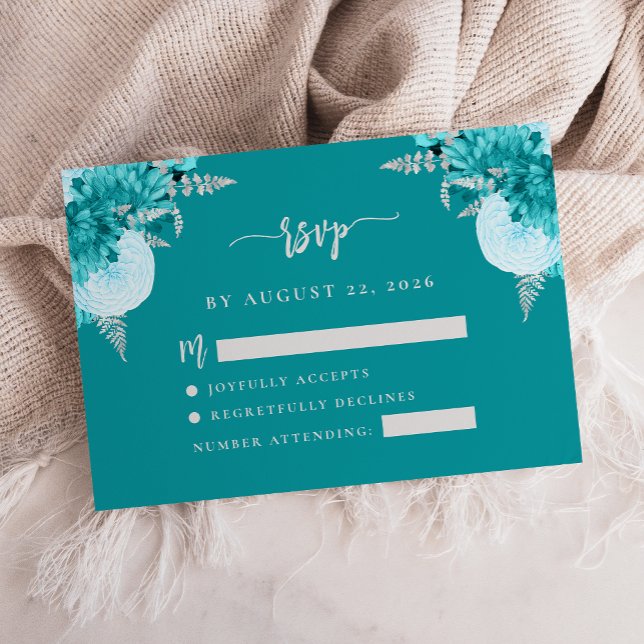 Turquoise Silver Floral Script Wedding RSVP Enclo Enclosure Card (Creator Uploaded)
