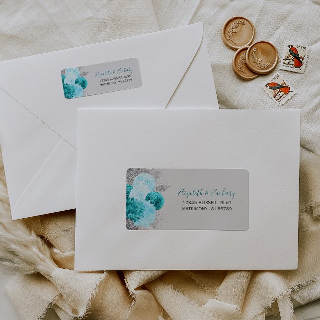 Turquoise Silver Floral Wedding Return Address Label (Creator Uploaded)