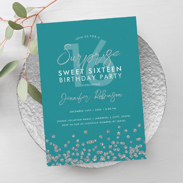 Turquoise Silver Glitter Surprise Sweet 16  Invitation (Turquoise Silver Glitter Surprise Sweet 16 Invitation)
