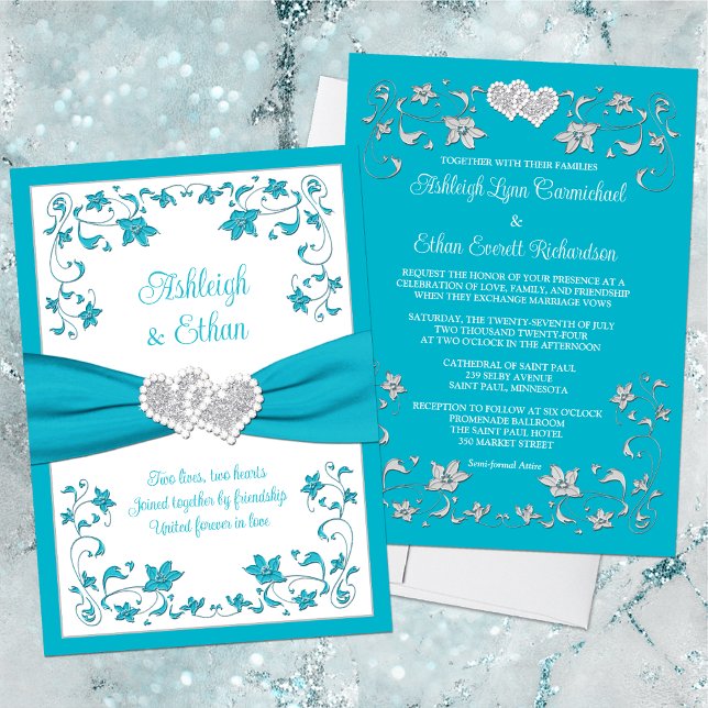 Turquoise, Silver Love Hearts Wedding Invitation (Beautiful Turquoise or Teal Blue and White Wedding Invitation with Silver Joined Hearts and Flowers)