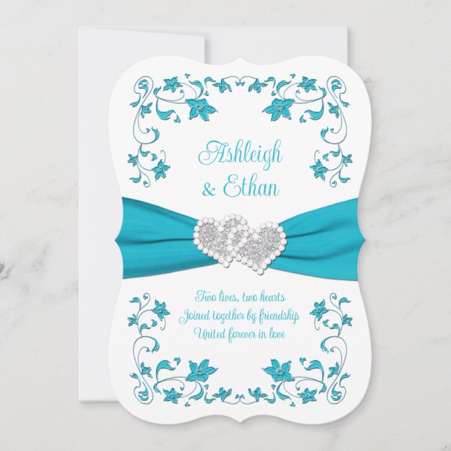 Turquoise, Silver Love Hearts Wedding Invitation (Front)