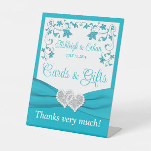 Turquoise, Silver Love Hearts Wedding Pedestal Sign