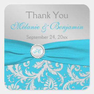 Turquoise, Silver Monogram Wedding Favour Sticker