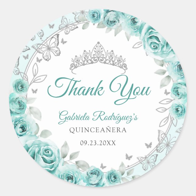 Turquoise Silver Quinceanera Classic Round Sticker (Front)