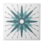 Turquoise & Silver Starburst Tile<br><div class="desc">Modern tile with a large bold retro turquoise starburst serving as the focal point, complimented by modern silver starburst design elements. Modern bold celestial design in a turquoise and white colour palette. One design of a coordinating collection. Designed as a template, create your own custom design by using the fields...</div>