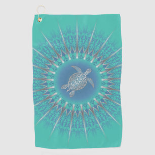 Turquoise Silver Turtle Mandala Coastal Golf Towel