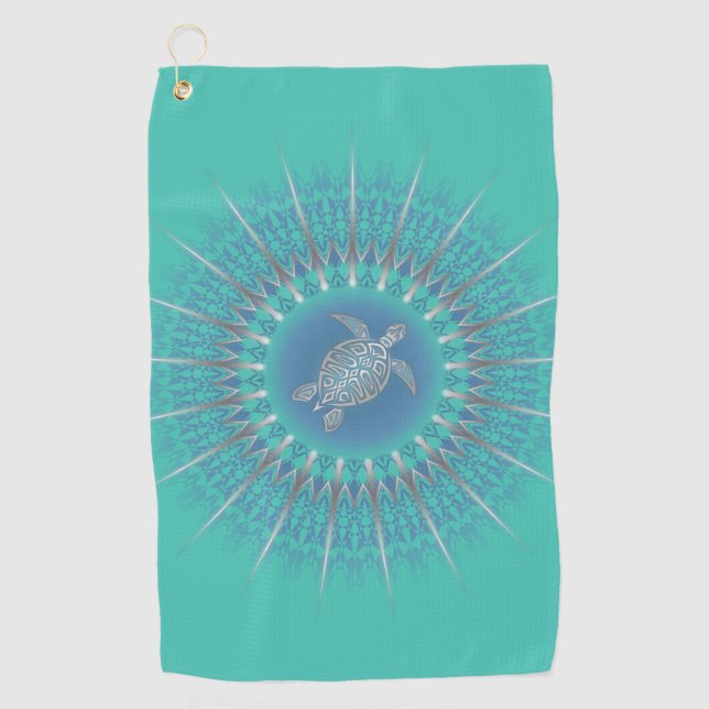 Turquoise Silver Turtle Mandala Maritime Golf Towel (Front)