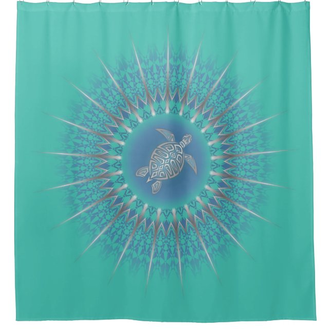 Turquoise Silver Turtle Mandala Shower Curtain (Front)