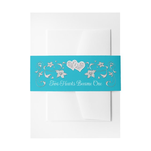 Turquoise, Silver Two Hearts Become One Invitation Belly Band (Front Example)