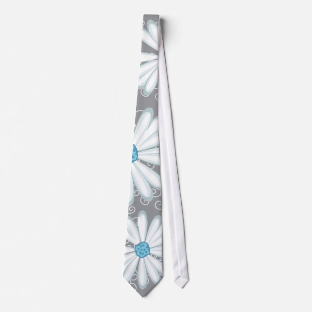 Turquoise Silver White Daisy Wild Flower Wedding Tie (Front)