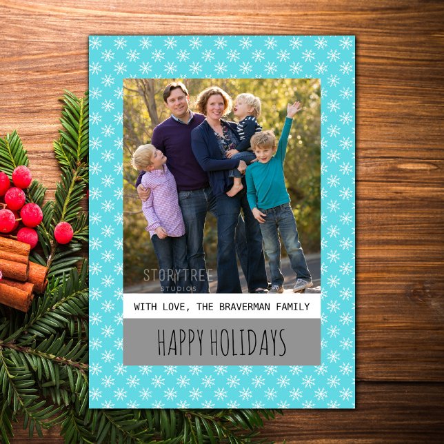 Turquoise Simple Snowflake Holiday Photo Flat Card (Turquoise Simple Snowflake Holiday Photo Card)