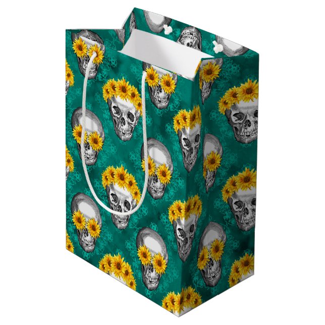 Turquoise Skulls and Sunflower Series Design 10 Medium Gift Bag (Back Angled)