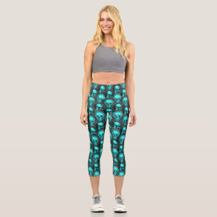 Turquoise Skulls and Sunflower Series Design 1  Capri Leggings