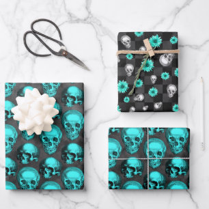 Turquoise Skulls and Sunflower Series Design 1 Wrapping Paper Sheet