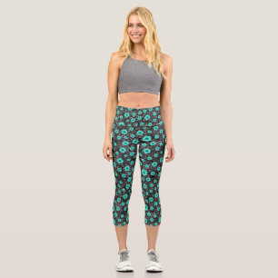 Turquoise Skulls and Sunflower Series Design 5 Capri Leggings