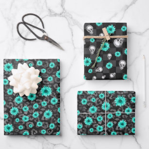 Turquoise Skulls and Sunflower Series Design 5   Wrapping Paper Sheet