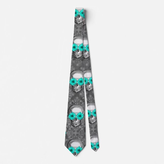Turquoise Skulls and Sunflower Series Design 9  Tie (Front)