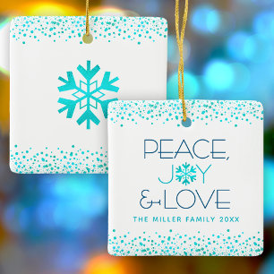 Turquoise Snowflake Peace Joy Love Custom Name Ceramic Ornament