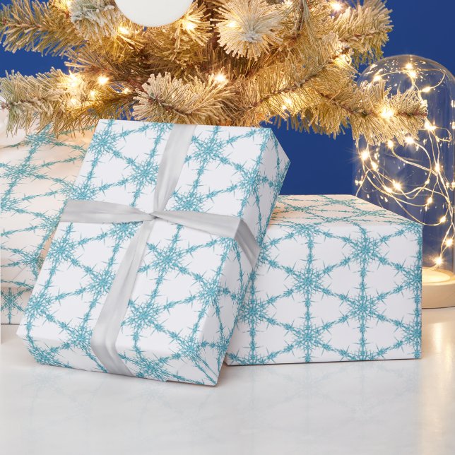 Turquoise Snowflakes On White Wrapping Paper (Holidays)