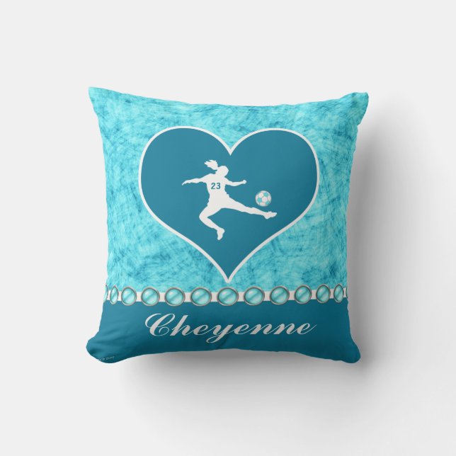 Turquoise Soccer Girl with Name and Number Cushion (Front)