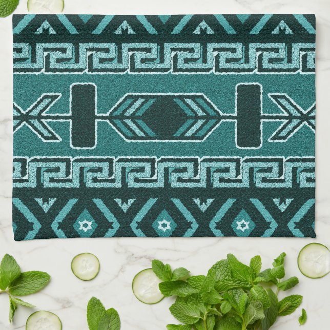 Turquoise Southwest Aztec Pattern Tea Towel (Folded)