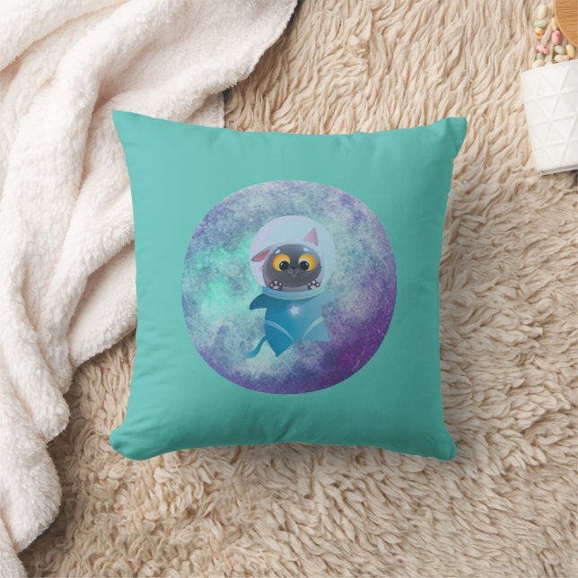 Turquoise Space Cat Throw Pillow (Blanket)