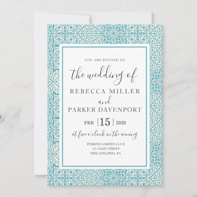 Turquoise Spanish Tiles Wedding invitation (Front)