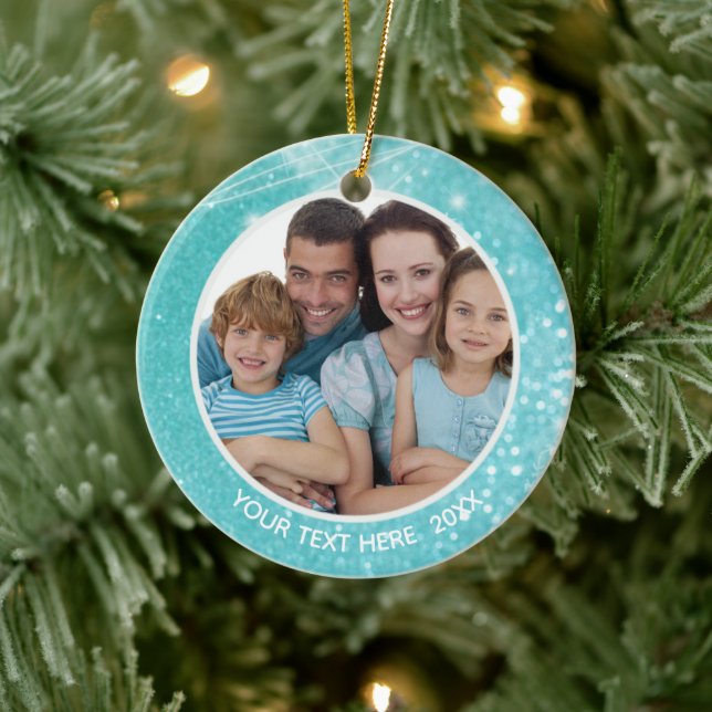 Turquoise Sparkle Bokeh, Two Photo, Two Sided Ceramic Tree Decoration (Tree)
