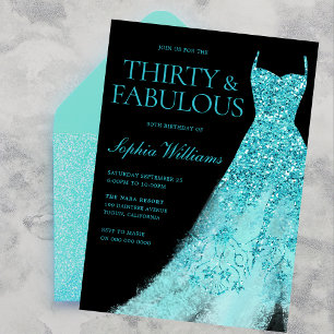 Turquoise Sparkle Dress Black 30th Birthday Party  Invitation