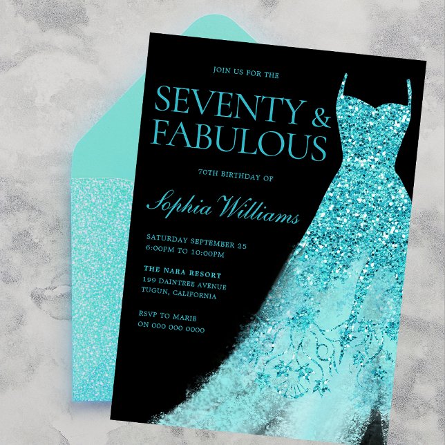Turquoise Sparkle Dress Black 70th Birthday Party  Invitation (Creator Uploaded)