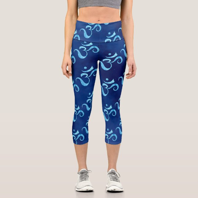 Turquoise Sparkle Om Scattered Blue Tie dye Capri Leggings (Front)