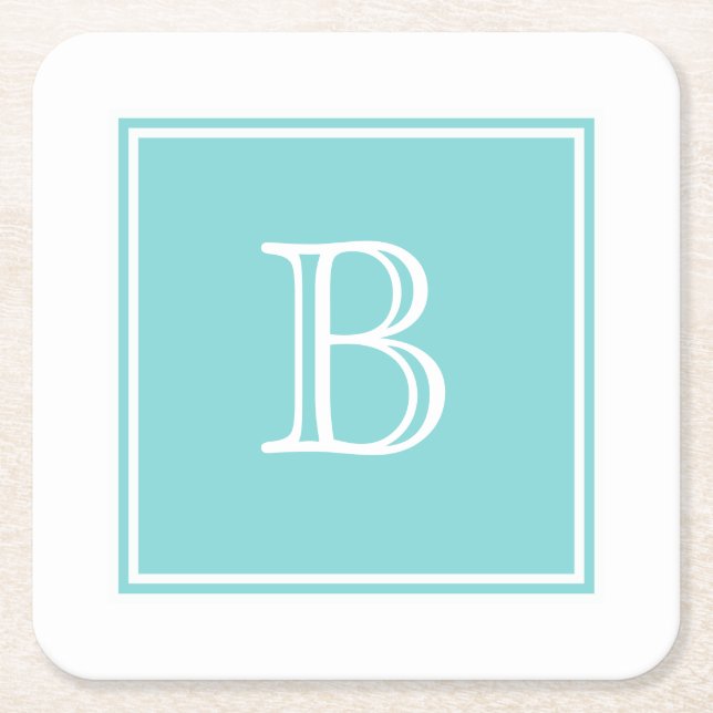 Turquoise Square Monogram Paper Coaster (Front)