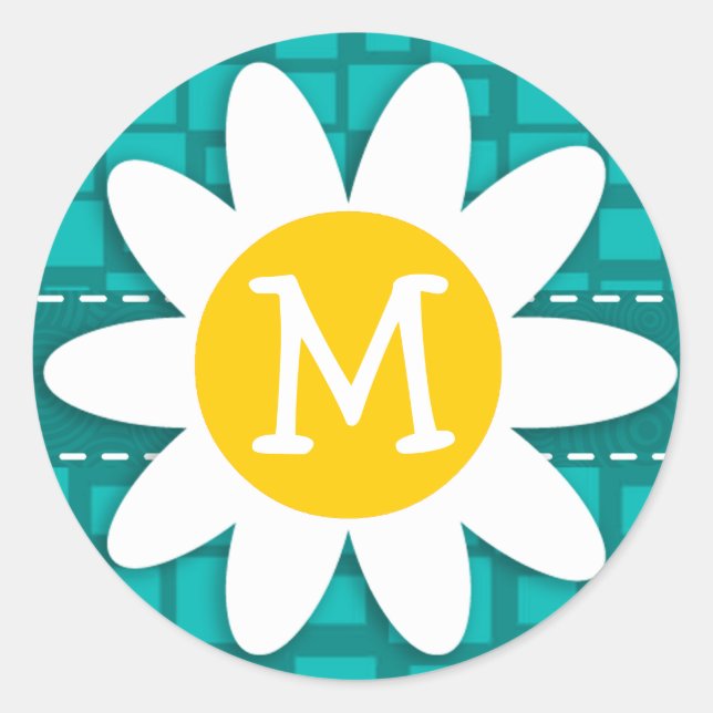 Turquoise Squares; Retro Square; Daisy Classic Round Sticker (Front)