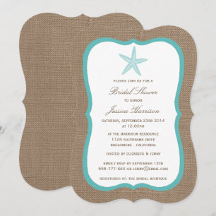 Turquoise Starfish Beach Burlap Bridal Shower Invitation