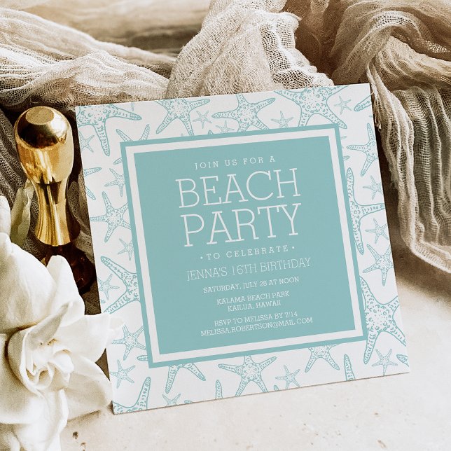 Turquoise Starfish Beach Party Invitation (Creator Uploaded)
