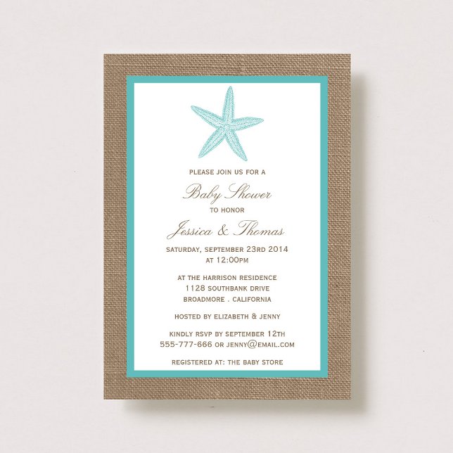 Turquoise Starfish Burlap Beach Baby Shower Invitation (Creator Uploaded)