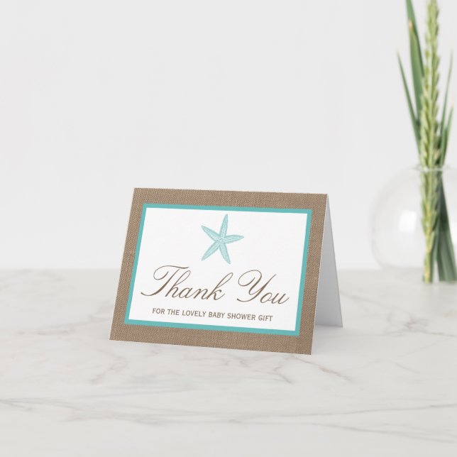 Turquoise Starfish Burlap Beach Baby Shower Thank You Card (Front)