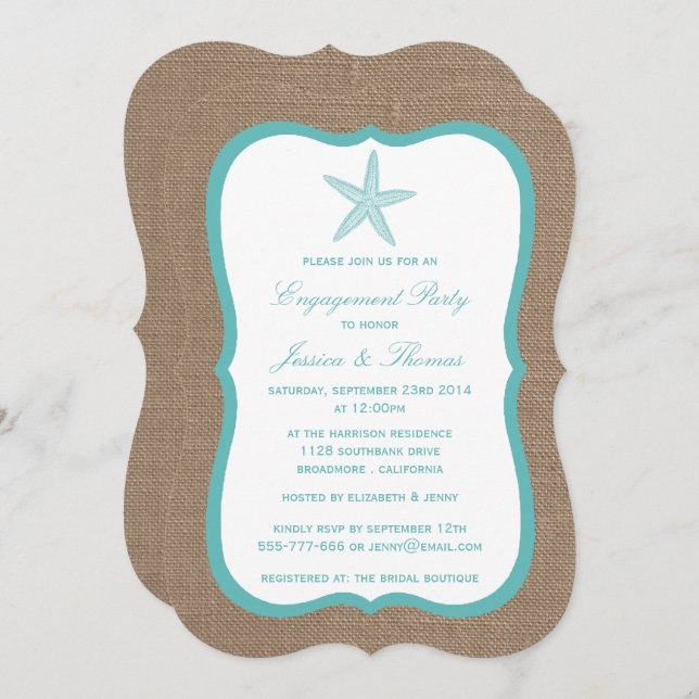 Turquoise Starfish Burlap Beach Engagement Party Invitation (Front/Back)