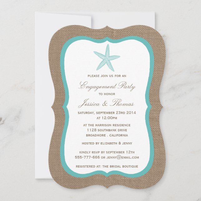 Turquoise Starfish Burlap Beach Engagement Party Invitation (Front)