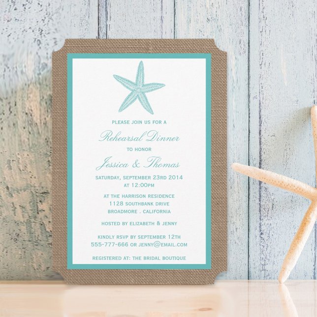 Turquoise Starfish Burlap Beach Rehearsal Dinner Invitation (Creator Uploaded)