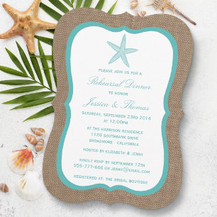 Turquoise Starfish Burlap Beach Rehearsal Dinner Invitation