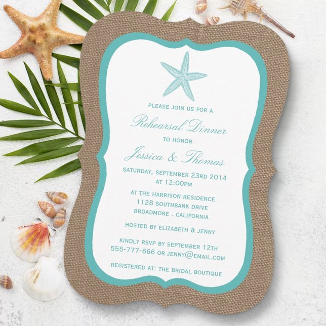 Turquoise Starfish Burlap Beach Rehearsal Dinner Invitation (Creator Uploaded)
