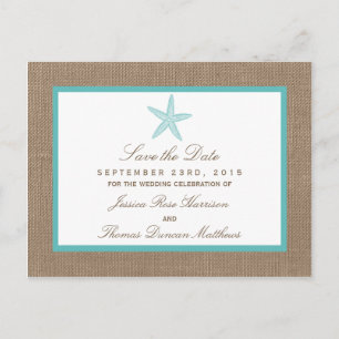 Turquoise Starfish Burlap Beach Wedding Collection Announcement Postcard