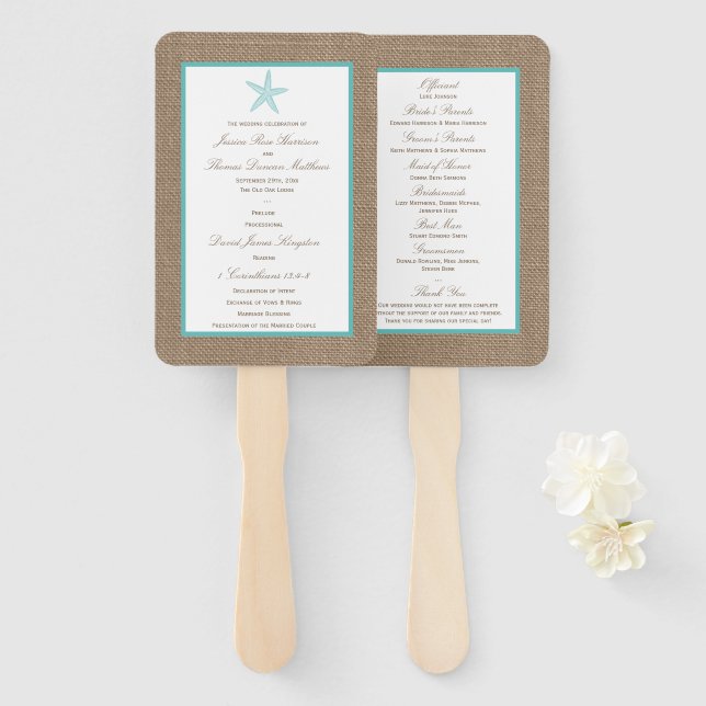 Turquoise Starfish Burlap Beach Wedding Collection Hand Fan (Front and Back)