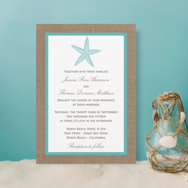 Turquoise Starfish Burlap Beach Wedding Collection Invitation (Creator Uploaded)
