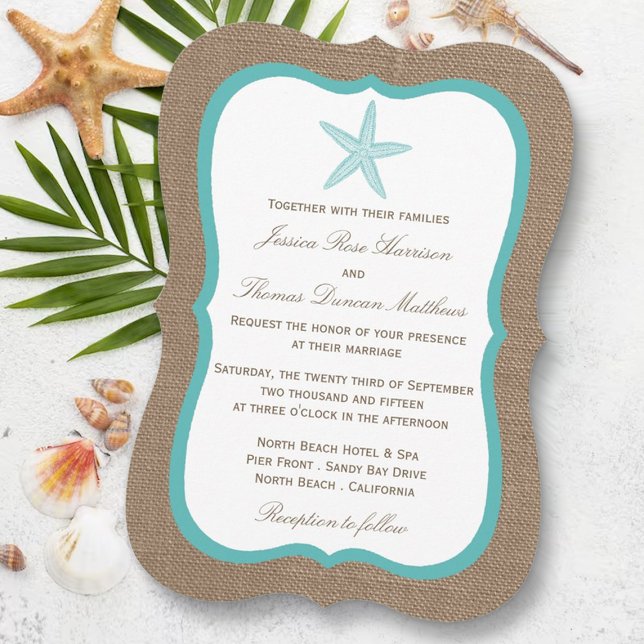 Turquoise Starfish Burlap Beach Wedding Collection Invitation (Creator Uploaded)
