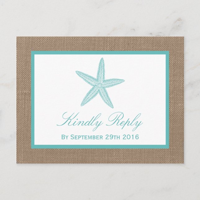 Turquoise Starfish Burlap Beach Wedding Collection Invitation Postcard (Front)