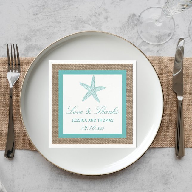 Turquoise Starfish Burlap Beach Wedding Collection Napkin (Creator Uploaded)