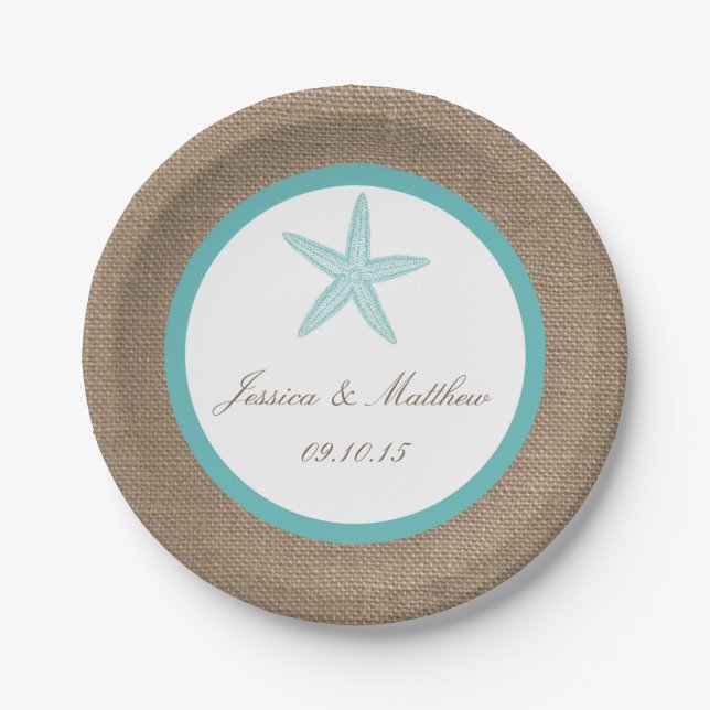 Turquoise Starfish Burlap Beach Wedding Collection Paper Plate (Front)