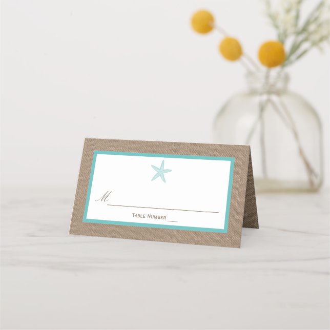 Turquoise Starfish Burlap Beach Wedding Collection Place Card (Front)